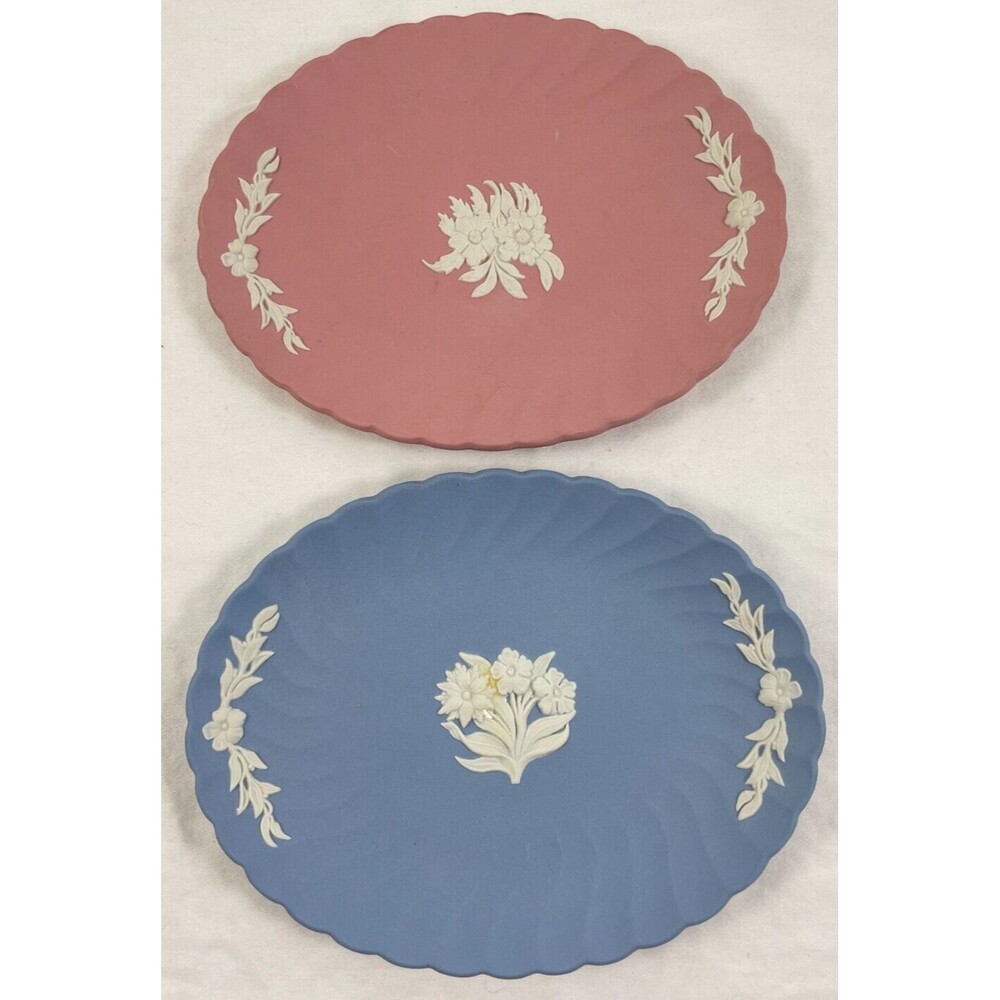 Wedgwood Jasperware Oval Plate Set of 2 Blue Pink 5.25" x 7" Floral Pin Tray VTG